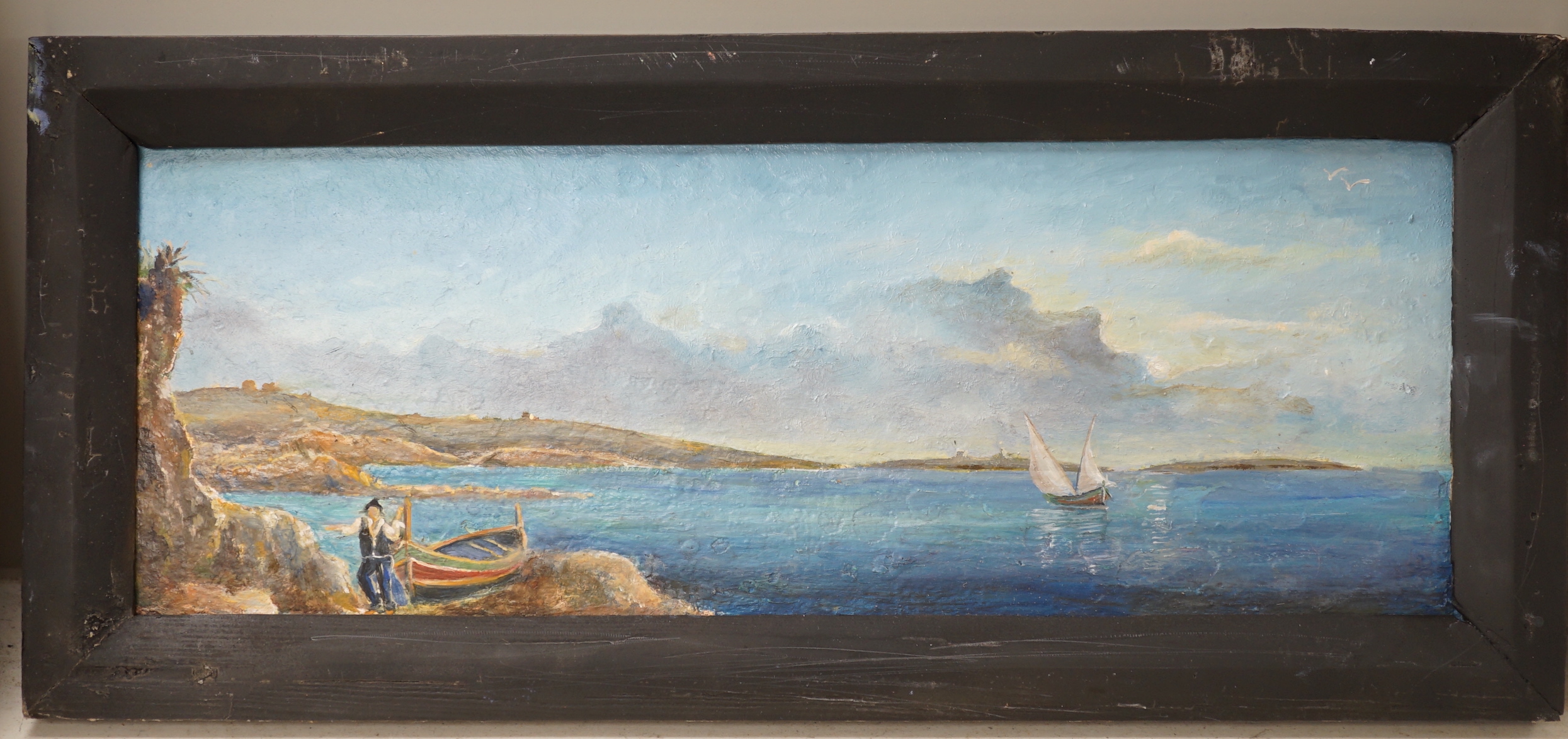 Maltese School, oil on board, Panoramic view of St. Paul's Bay, Malta, 37 x 14cm